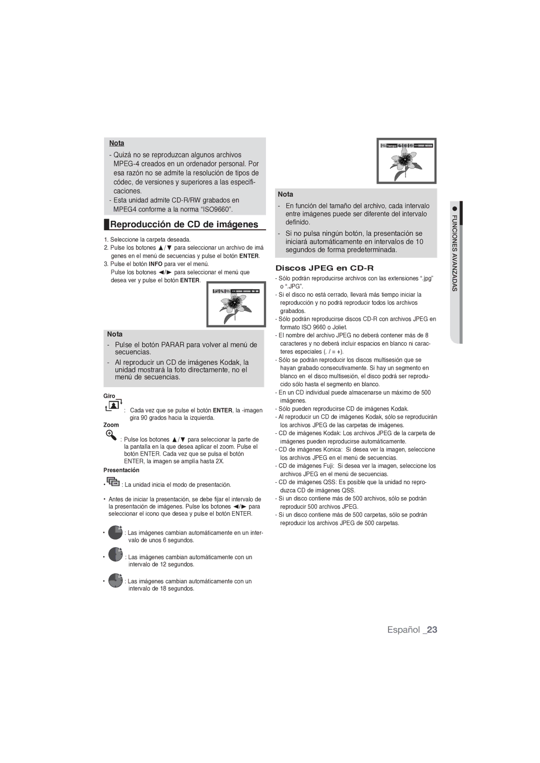 Samsung DVD-P191/XEC manual Reproducción de CD de imágenes, Discos Jpeg en CD-R, Giro, Zoom, Presentación 