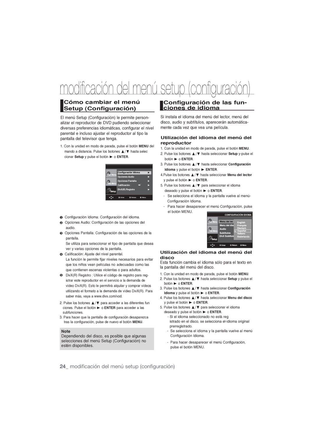 Samsung DVD-P191/XEC manual Modiﬁcación del menú setup conﬁguración, Utilización del idioma del menú del reproductor 