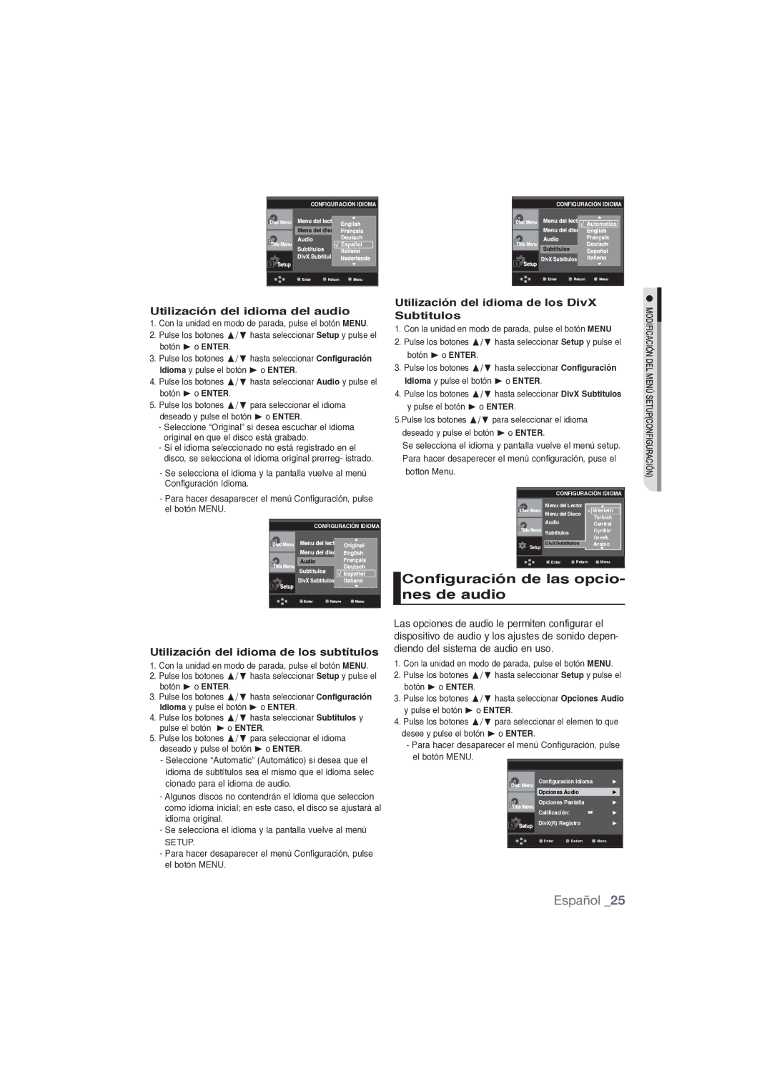 Samsung DVD-P191/XEC manual Configuración de las opcio- nes de audio, Utilización del idioma del audio 