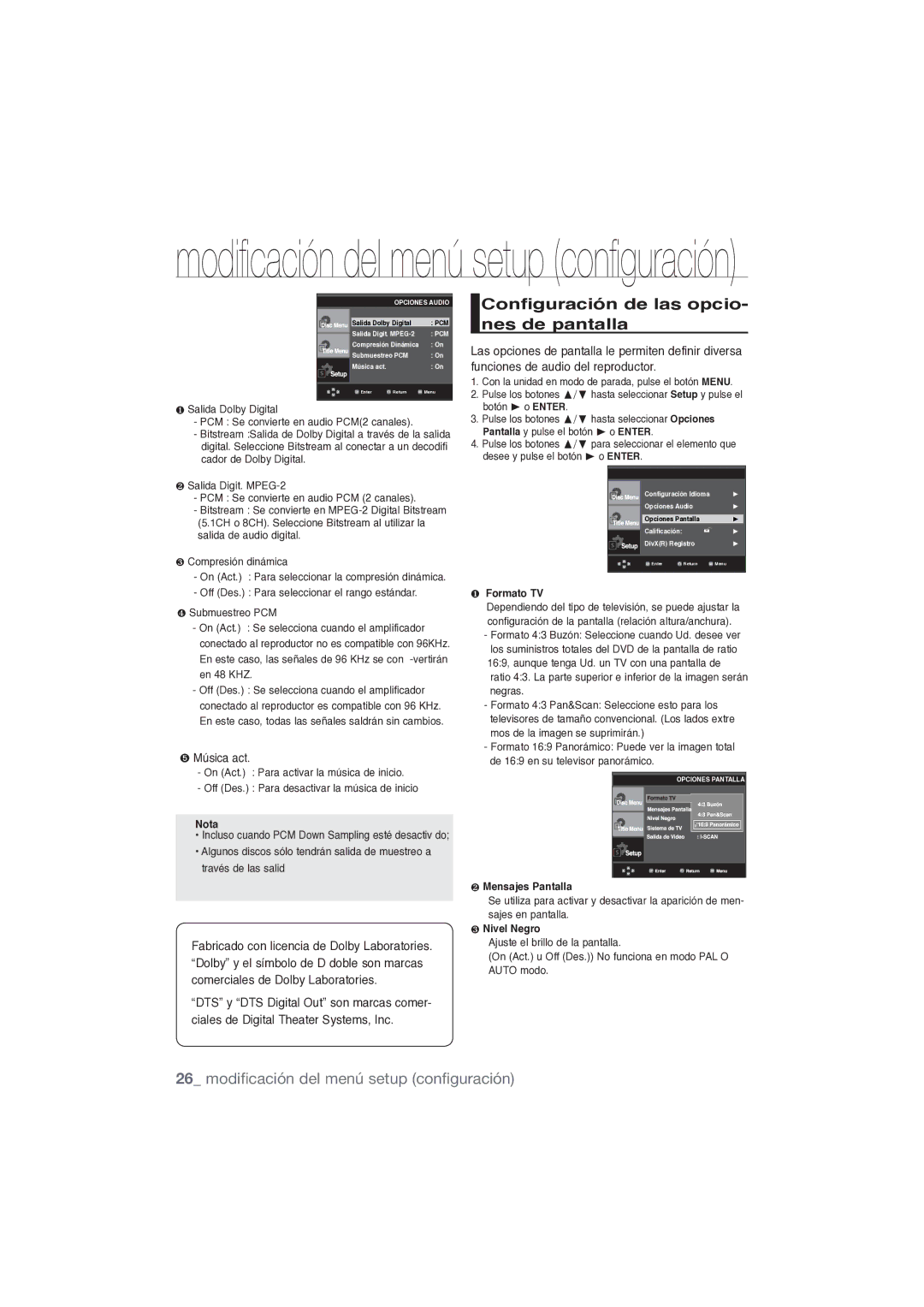 Samsung DVD-P191/XEC manual Configuración de las opcio- nes de pantalla, ➎ Música act, ❶ Formato TV, ❷ Mensajes Pantalla 