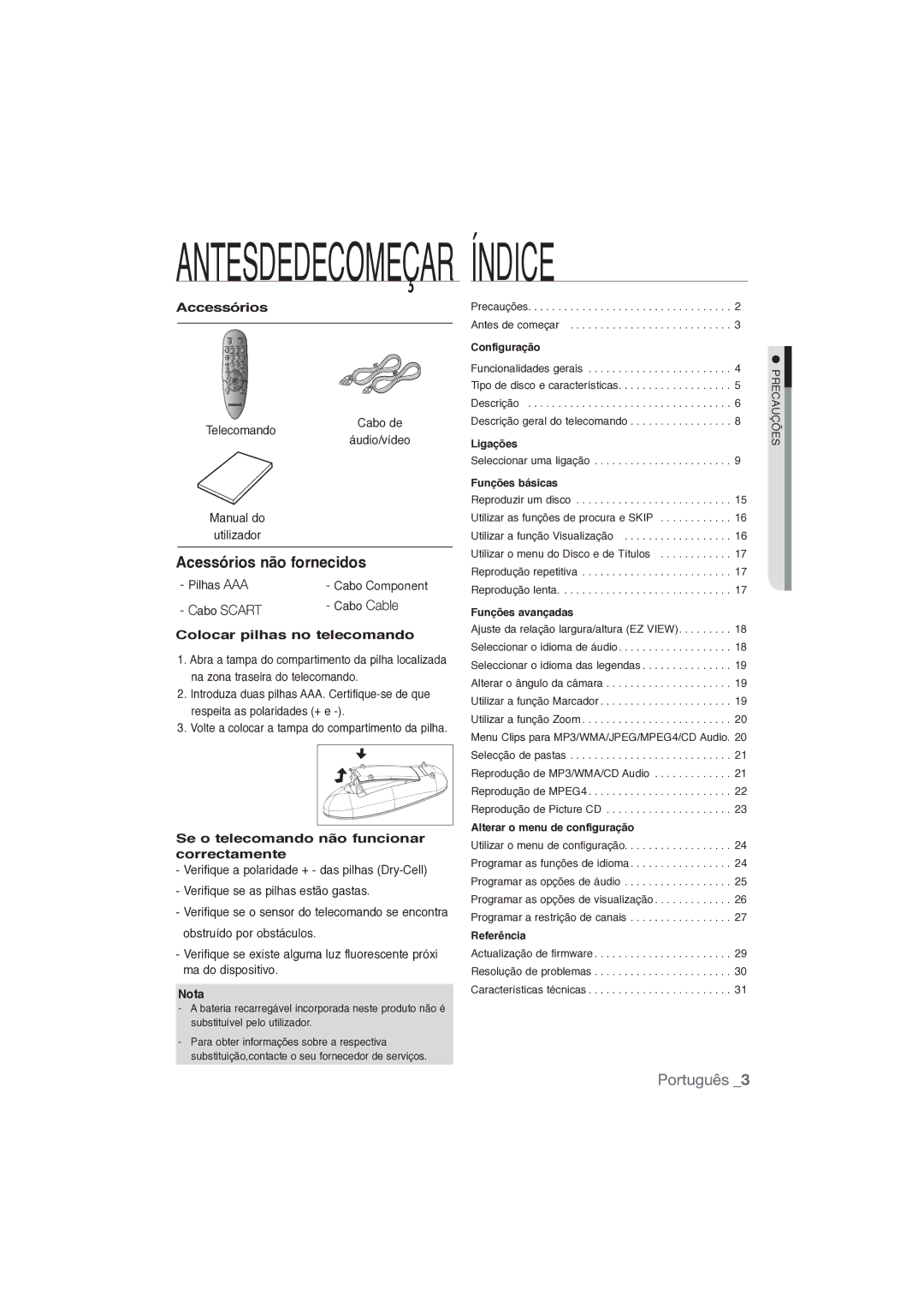 Samsung DVD-P191/XEC manual Acessórios não fornecidos, Português, Accessórios, Colocar pilhas no telecomando 