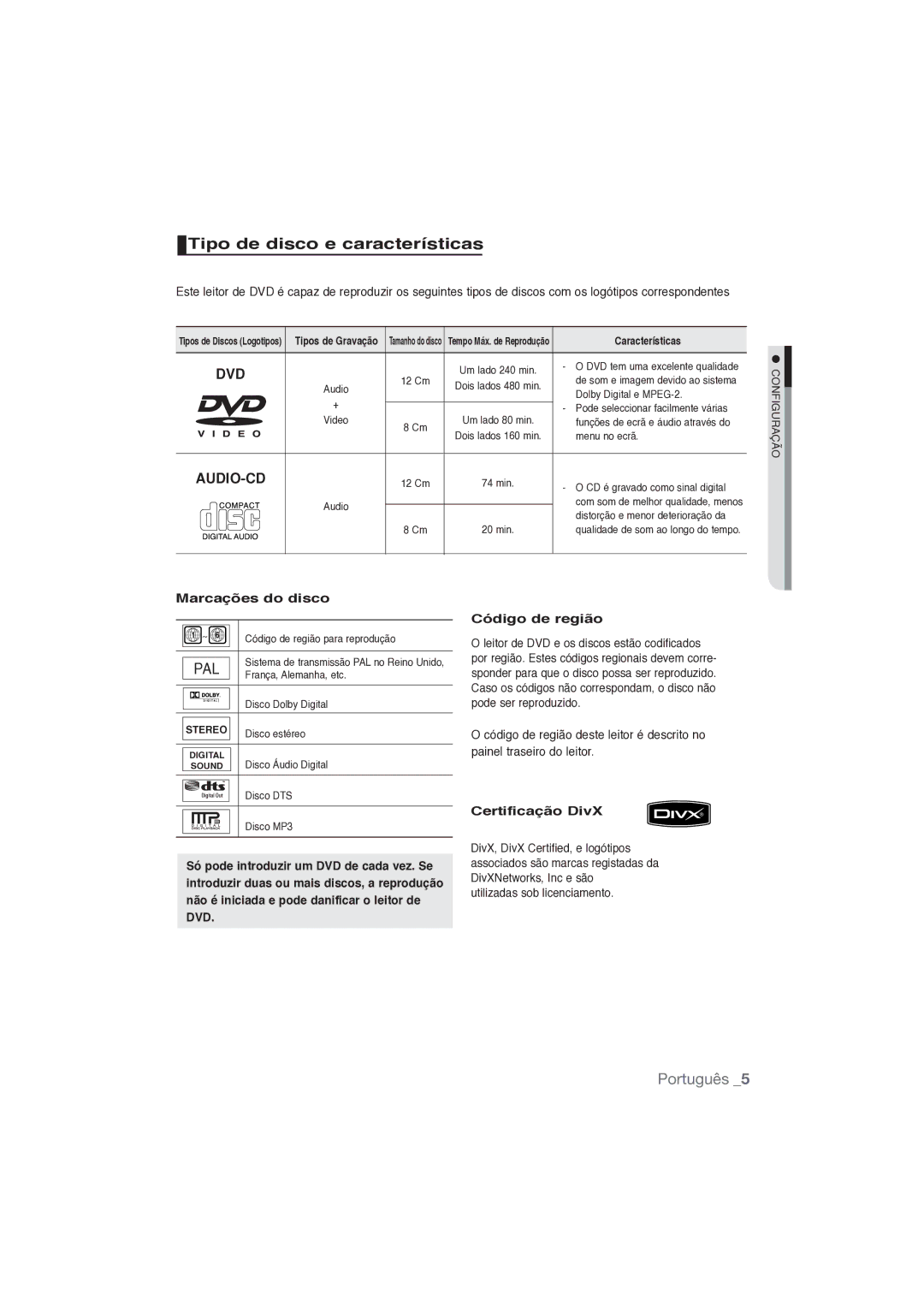 Samsung DVD-P191/XEC manual Tipo de disco e características, Marcações do disco, Certificação DivX 