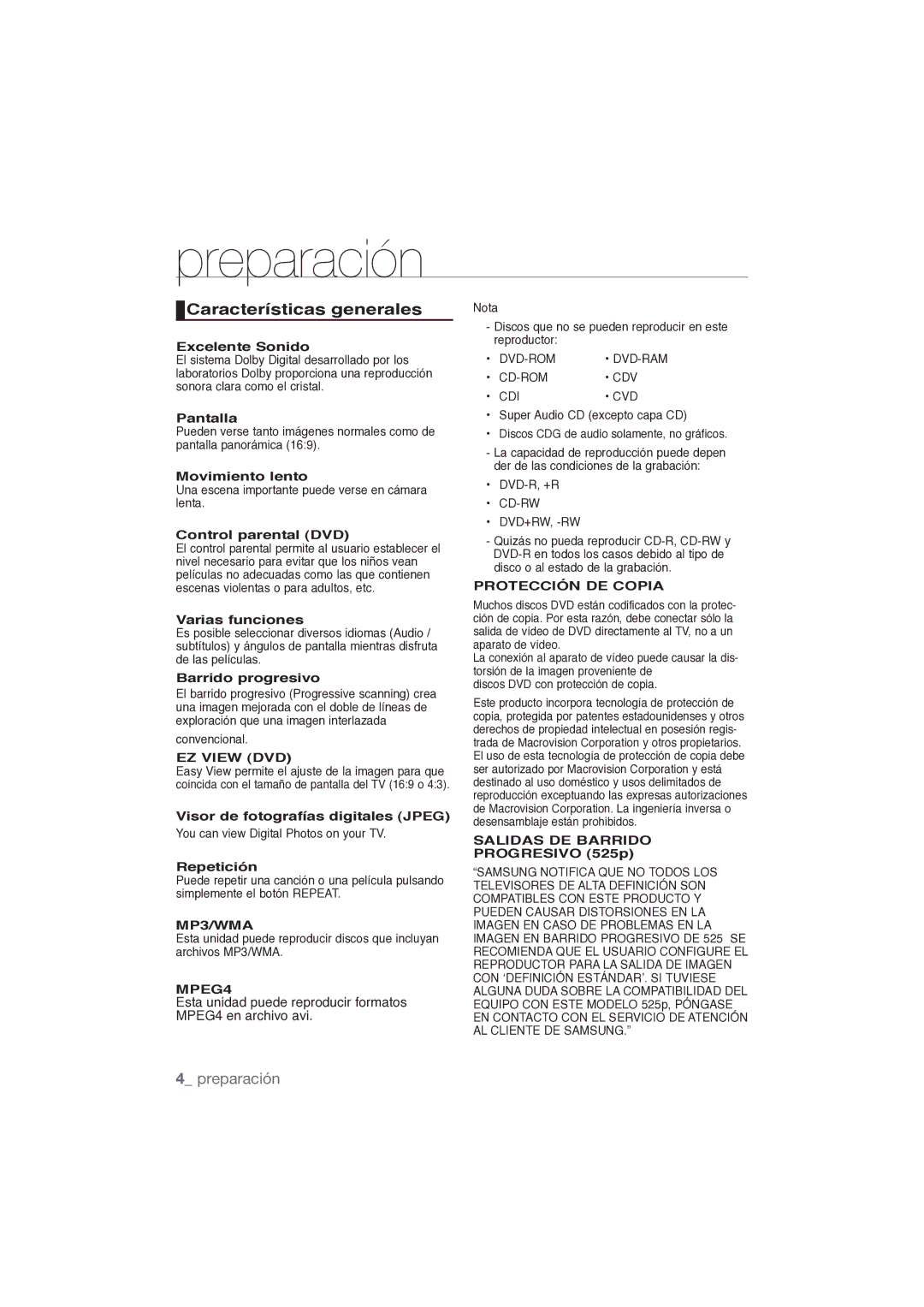 Samsung DVD-P191/XEC manual Características generales, Preparación 