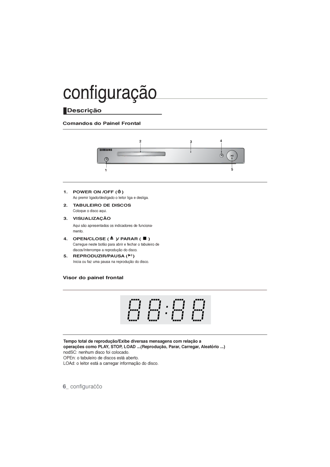 Samsung DVD-P191/XEC manual Descrição, Comandos do Painel Frontal, Visualização, Reproduzir/Pausa 