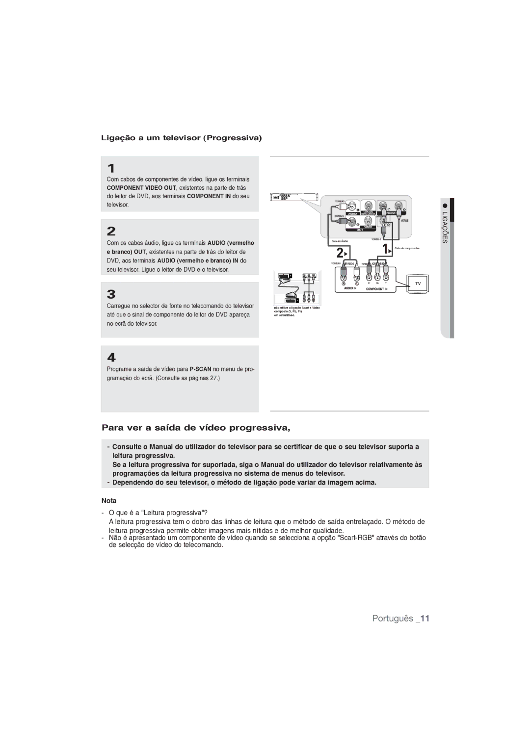 Samsung DVD-P191/XEC manual Para ver a saída de vídeo progressiva, Ligação a um televisor Progressiva 