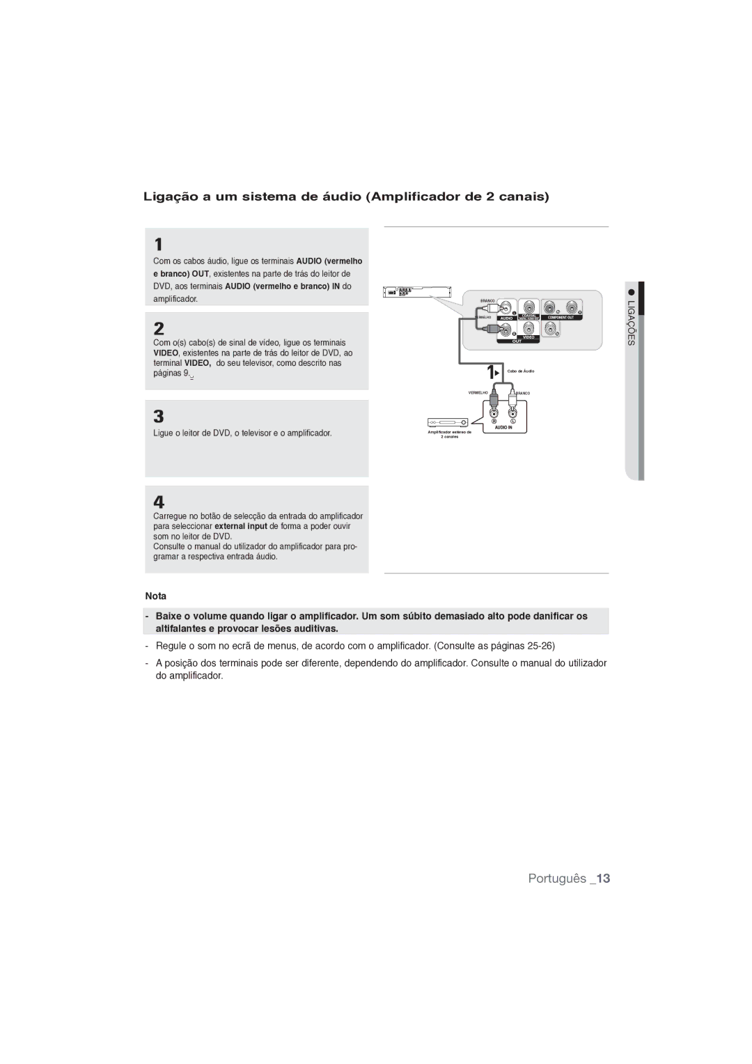 Samsung DVD-P191/XEC manual Ligação a um sistema de áudio Amplificador de 2 canais 