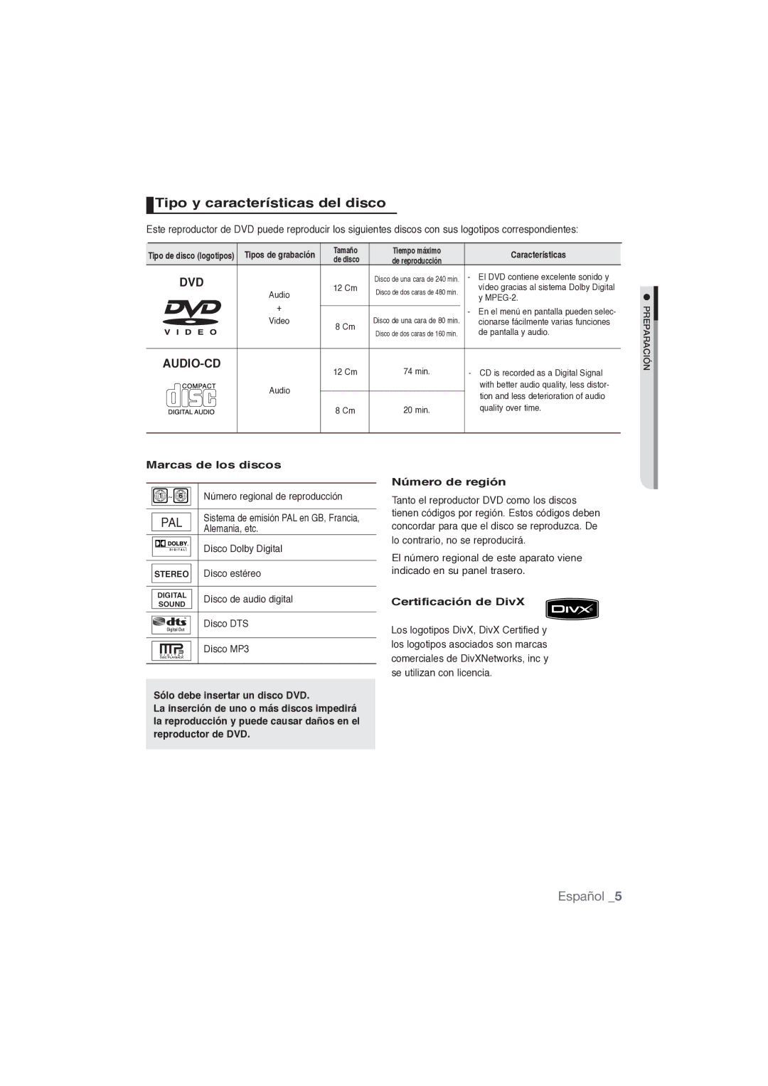 Samsung DVD-P191/XEC manual Tipo y características del disco, Marcas de los discos, Sólo debe insertar un disco DVD 