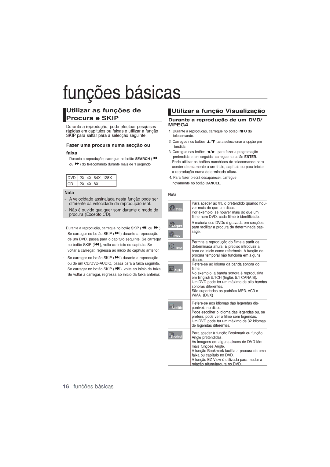 Samsung DVD-P191/XEC manual Utilizar as funções de Procura e Skip, Utilizar a função Visualização, 16 funções básicas 