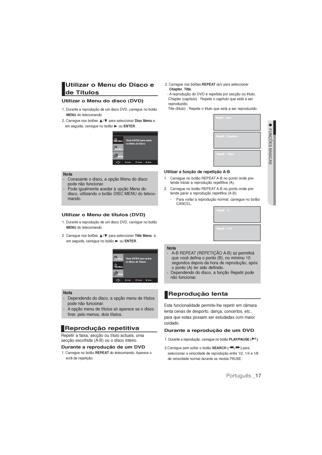 Samsung DVD-P191/XEC manual Utilizar o Menu do Disco e de Títulos, Reprodução repetitiva, Reprodução lenta 