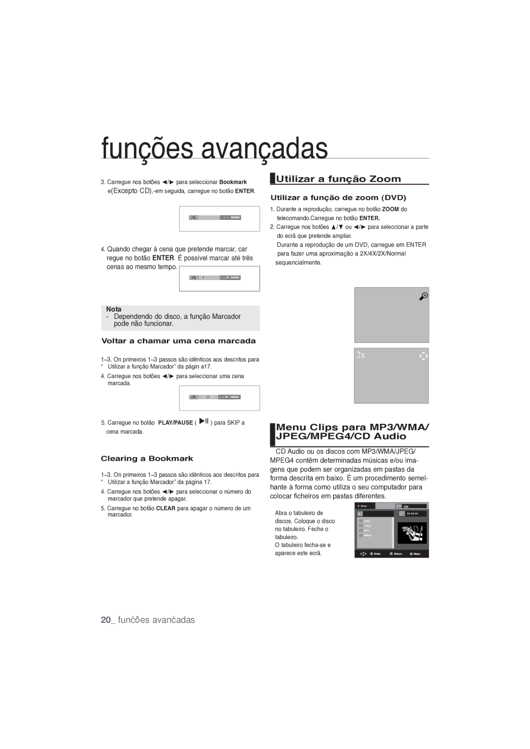 Samsung DVD-P191/XEC manual Utilizar a função Zoom, Menu Clips para MP3/WMA/ JPEG/MPEG4/CD Audio, 20 funções avançadas 