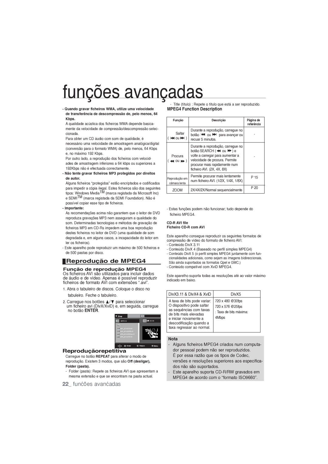 Samsung DVD-P191/XEC manual Reprodução de MPEG4, 22 funções avançadas, Reproduçãorepetitiva, Função de reprodução MPEG4 