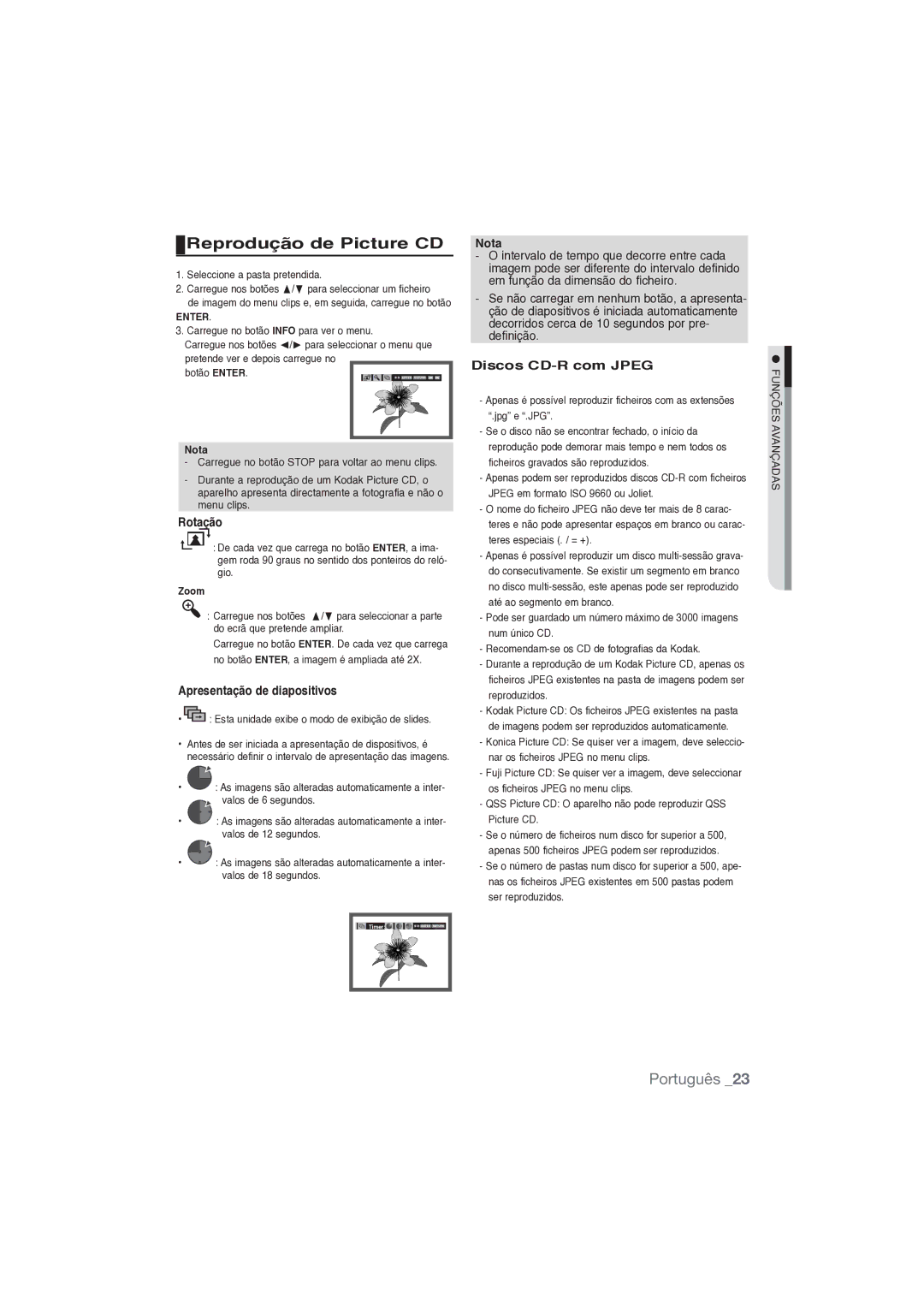 Samsung DVD-P191/XEC manual Reprodução de Picture CD, Rotação, Apresentação de diapositivos, Discos CD-R com Jpeg, Enter 