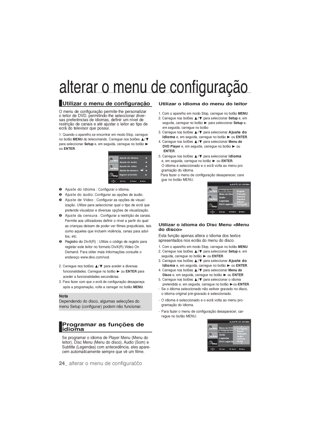 Samsung DVD-P191/XEC manual Utilizar o menu de configuração, Programar as funções de idioma, Alterar o menu de configuração 