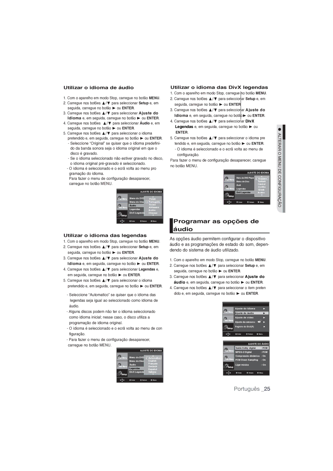 Samsung DVD-P191/XEC manual Programar as opções de áudio, Utilizar o idioma de áudio, Utilizar o idioma das legendas 