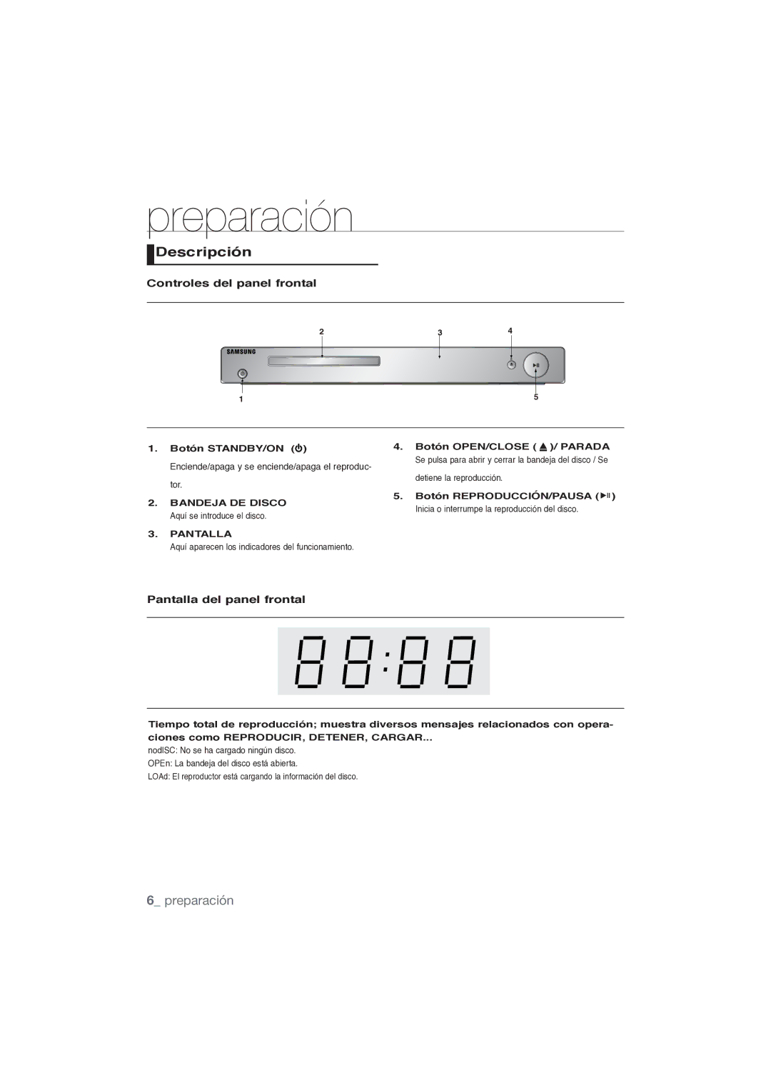 Samsung DVD-P191/XEC manual Descripción, Controles del panel frontal, Pantalla del panel frontal 