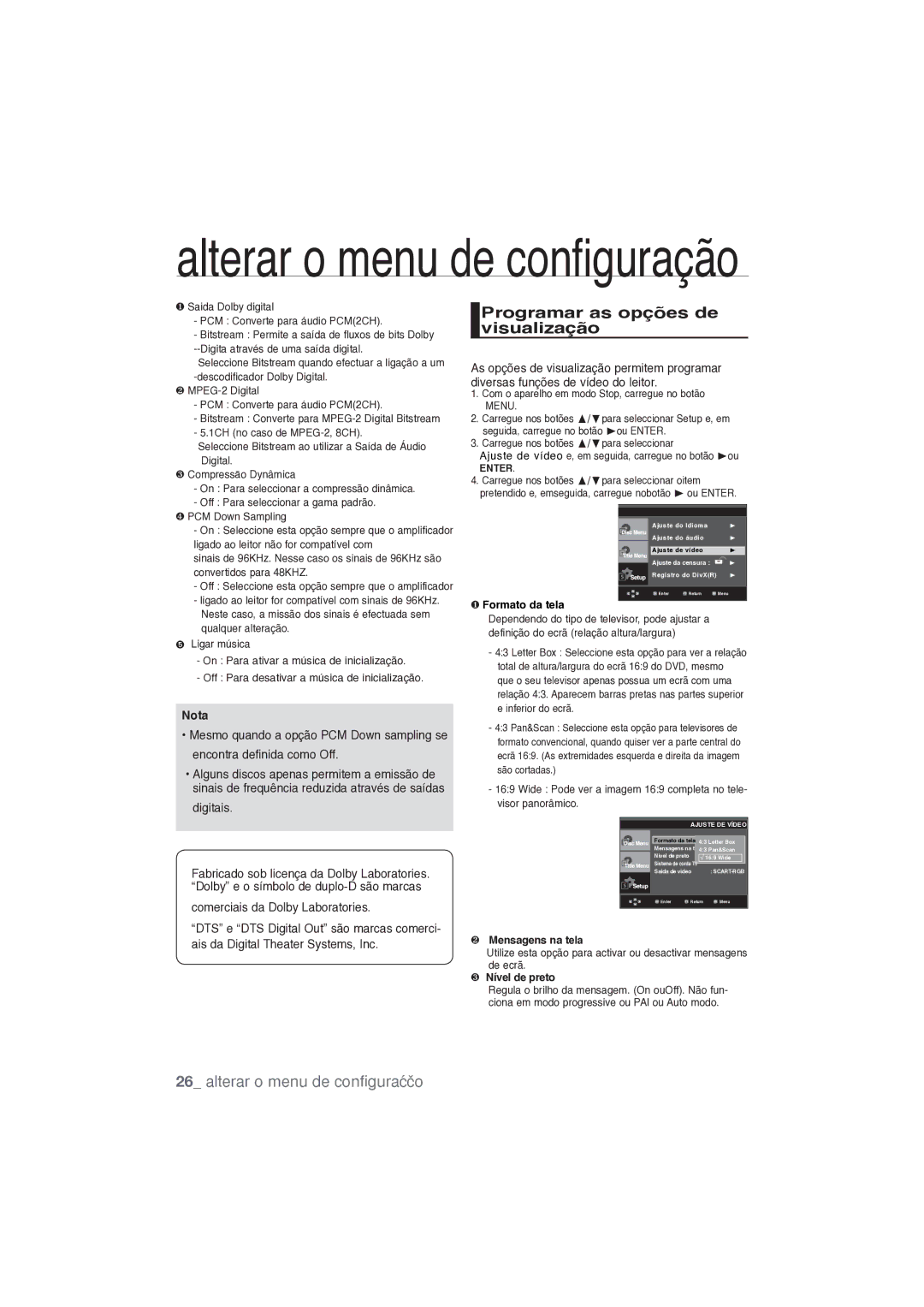 Samsung DVD-P191/XEC manual Programar as opções de visualização, Digitais, ❷ Mensagens na tela, ❸ Nível de preto 