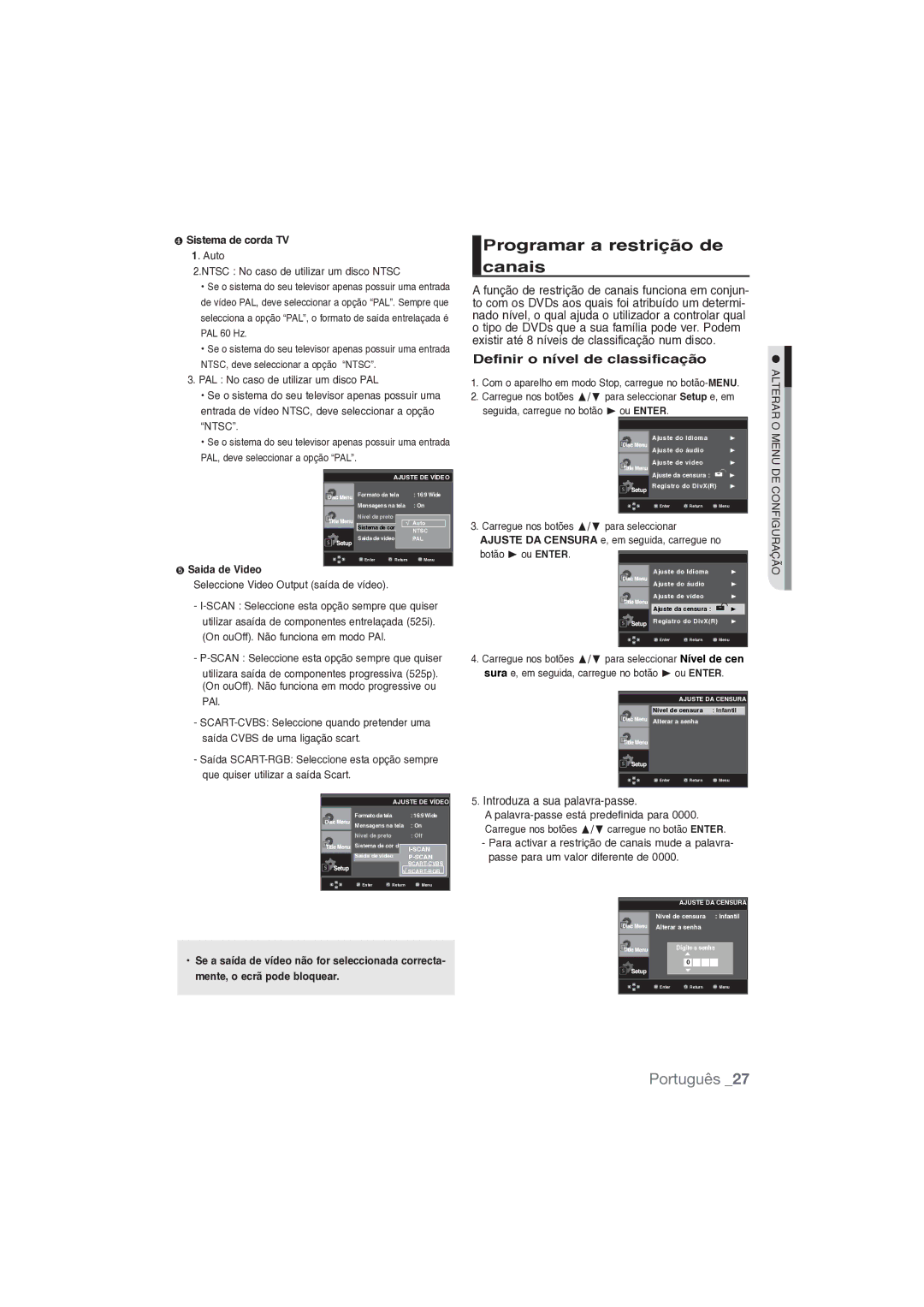 Samsung DVD-P191/XEC Programar a restrição de canais, Definir o nível de classificação, Introduza a sua palavra-passe 