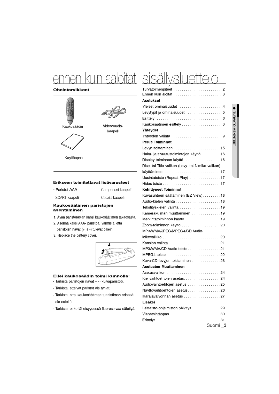 Samsung DVD-P191/XEE manual Ennen kuin aaloitat sisällysluettelo 