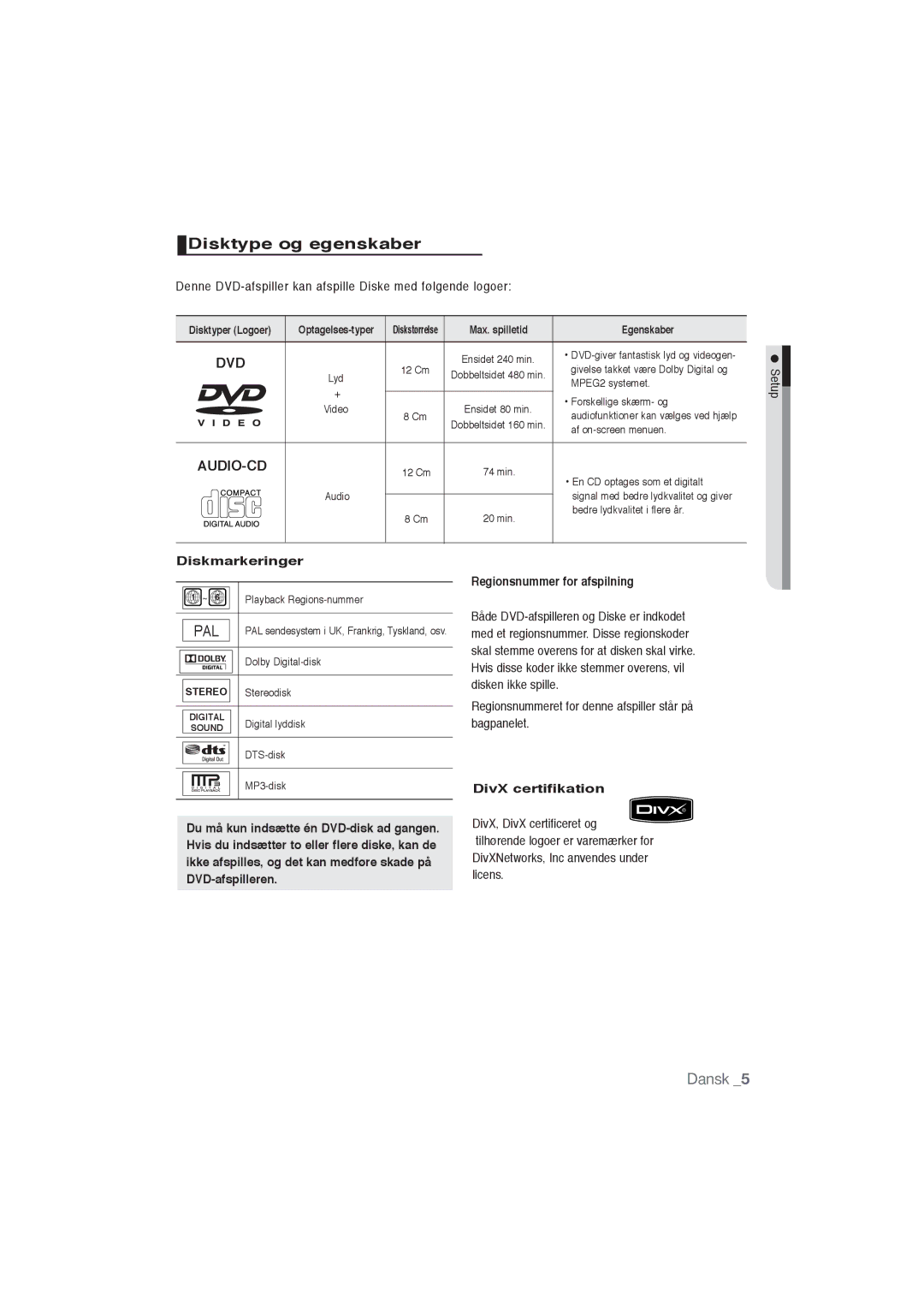 Samsung DVD-P191/XEE manual Disktype og egenskaber, Diskmarkeringer, DivX certifikation, Max. spilletid Egenskaber 