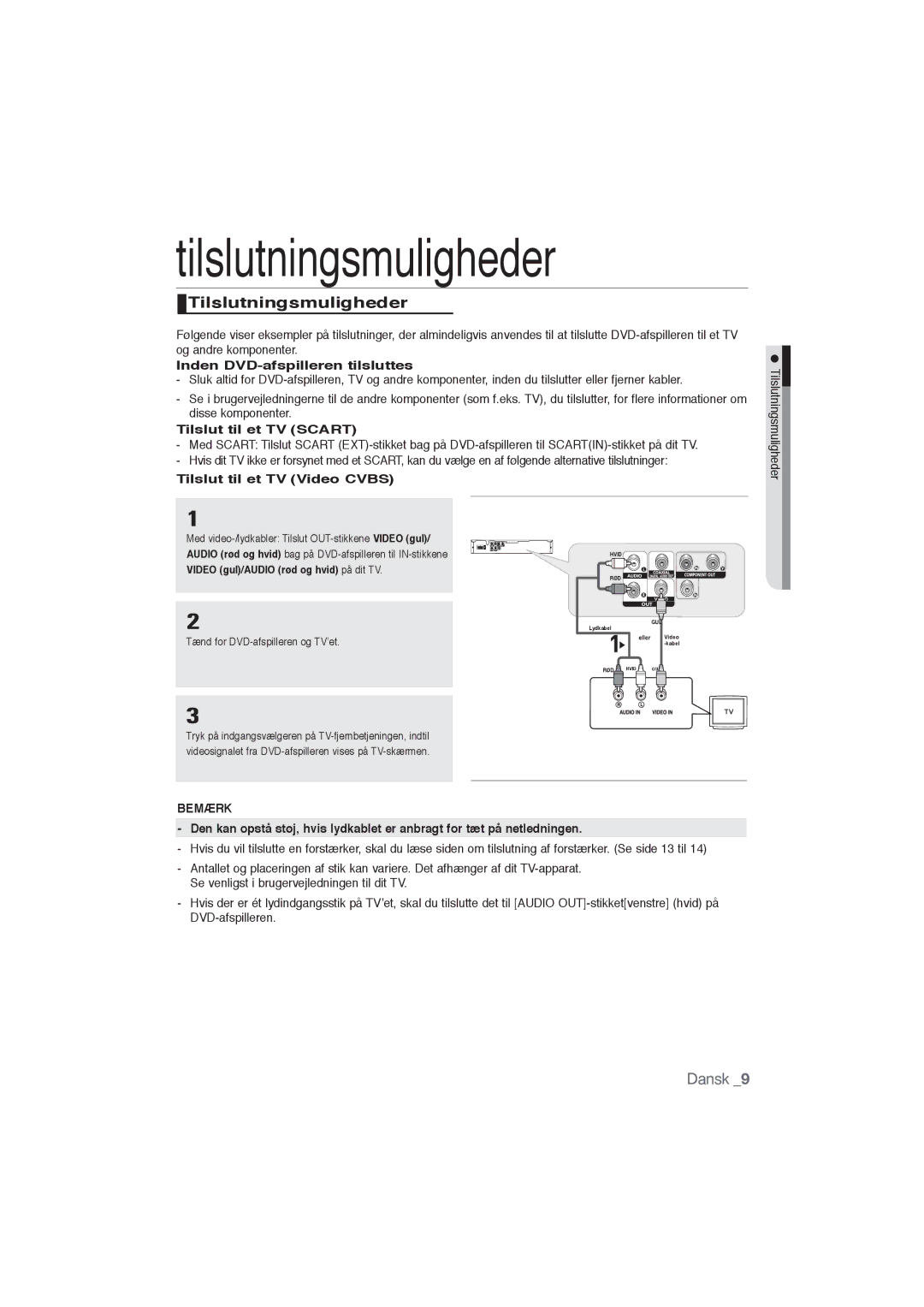 Samsung DVD-P191/XEE manual Tilslutningsmuligheder, Inden DVD-afspilleren tilsluttes, Tilslut til et TV Scart 