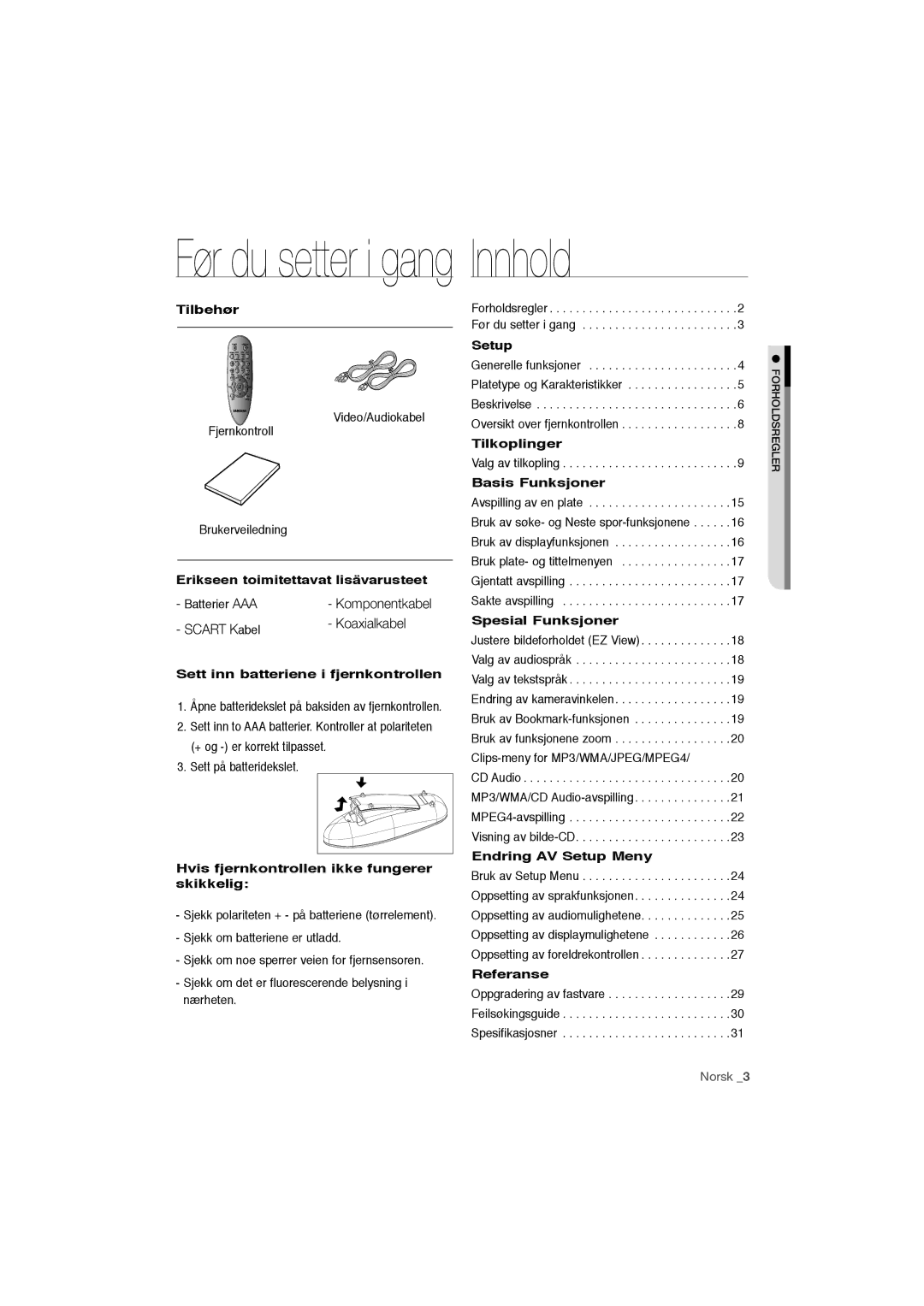 Samsung DVD-P191/XEE manual Før du setter i gang Innhold 