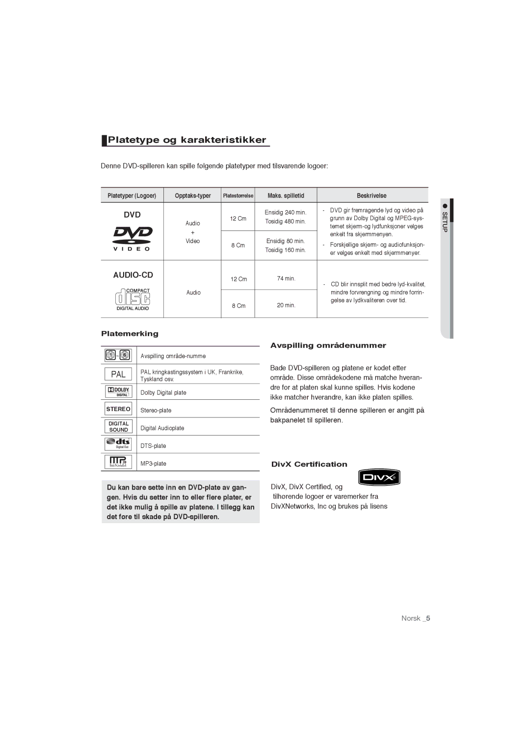 Samsung DVD-P191/XEE manual Platetype og karakteristikker, Platemerking, Avspilling områdenummer, DivX Certification 