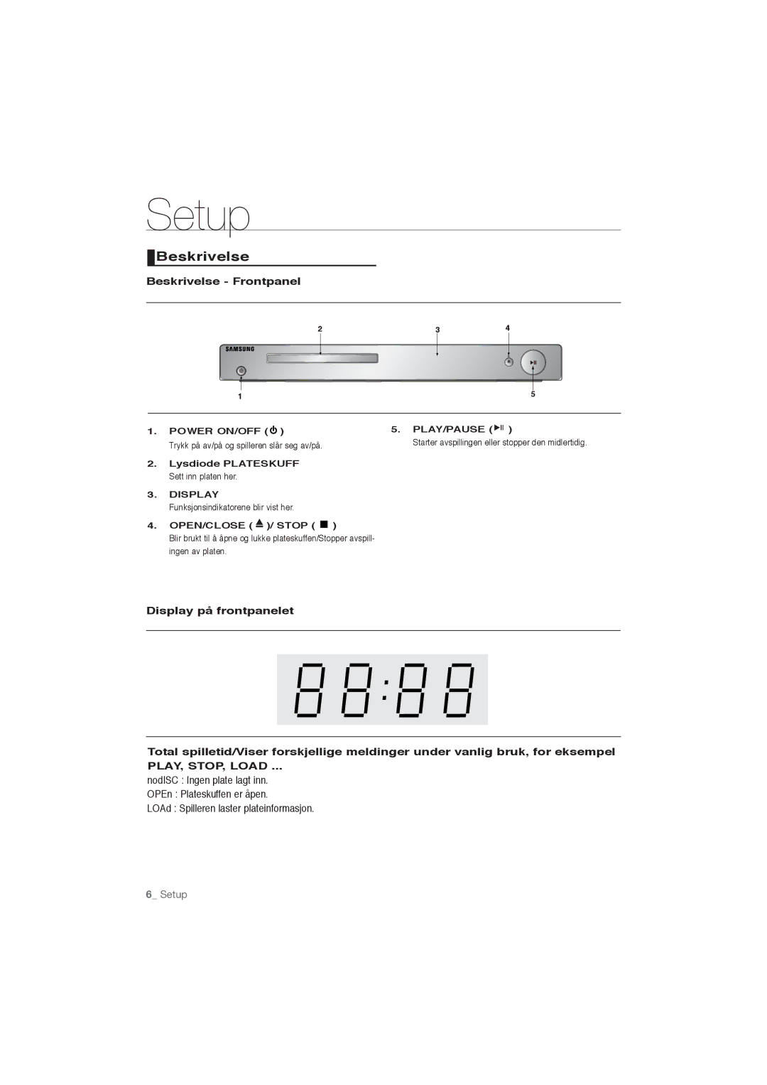 Samsung DVD-P191/XEE manual Beskrivelse Frontpanel, Lysdiode Plateskuff Sett inn platen her 