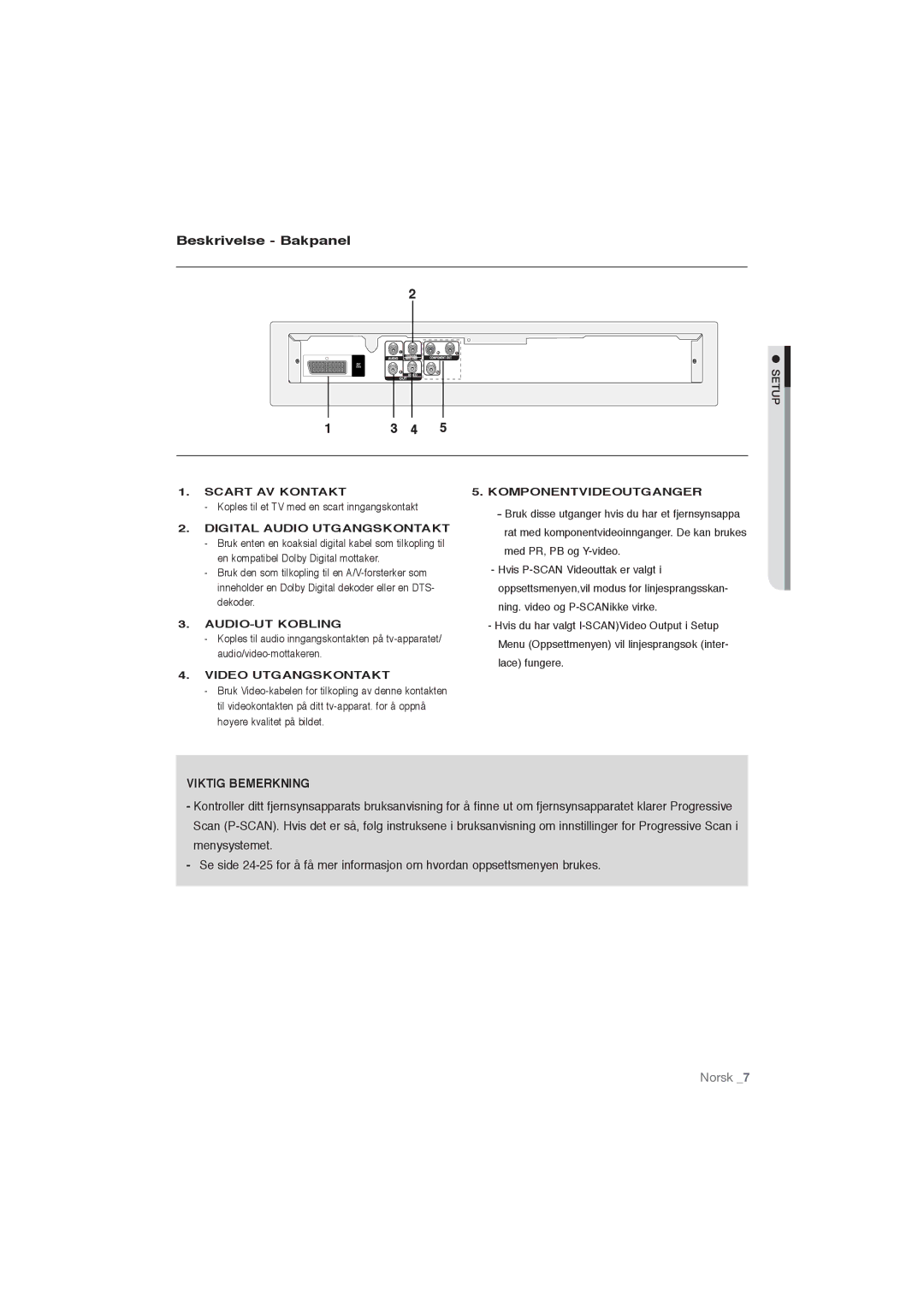 Samsung DVD-P191/XEE manual Beskrivelse Bakpanel, Koples til et TV med en scart inngangskontakt 