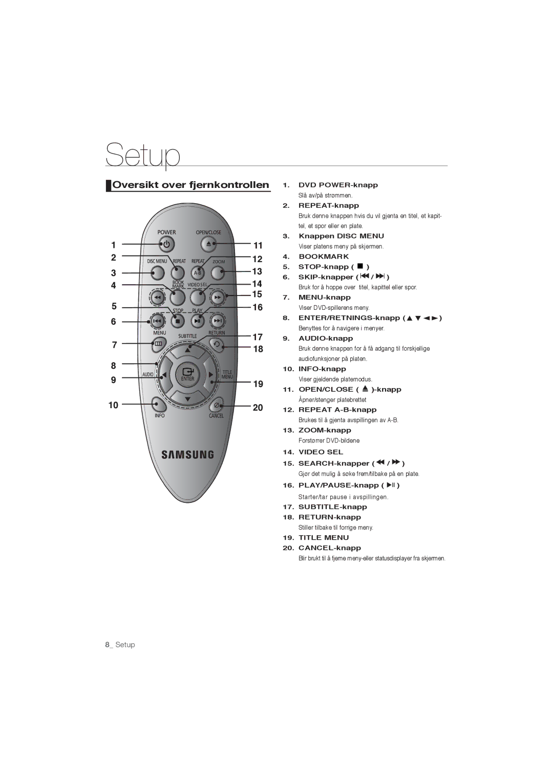 Samsung DVD-P191/XEE manual Oversikt over fjernkontrollen 