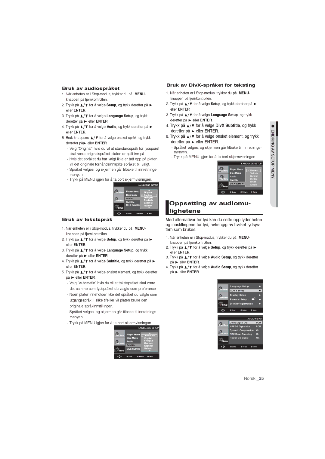 Samsung DVD-P191/XEE manual Oppsetting av audiomu- lighetene, Bruk av audiospråket, Bruk av tekstspråk 