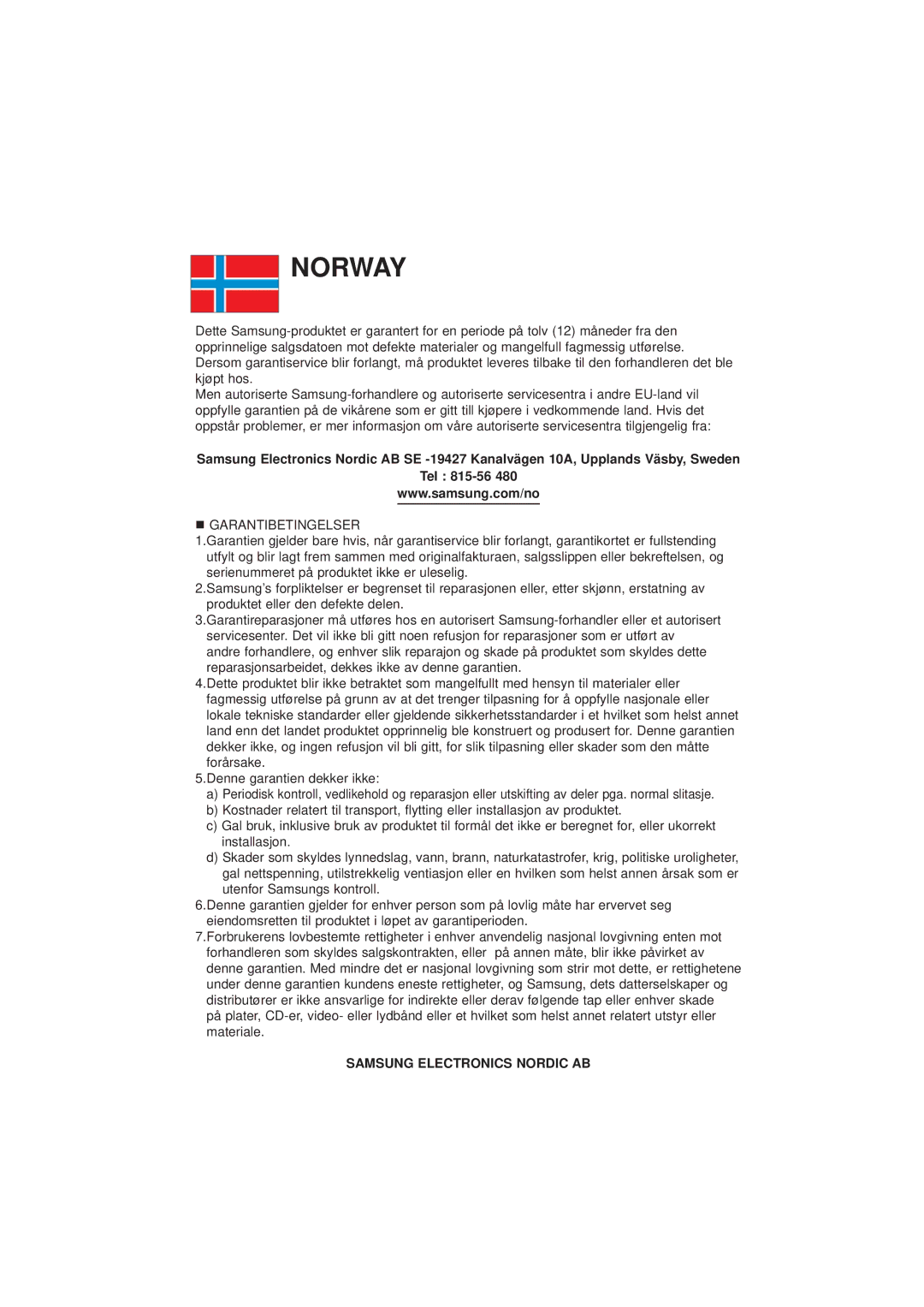 Samsung DVD-P191/XEE manual Norway 