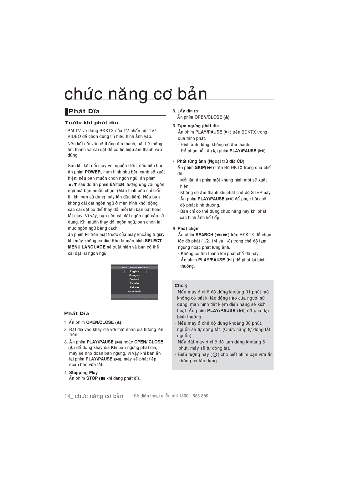 Samsung DVD-P191/XSV manual Chöùc naêng cô baûn, Phaùt Dóa 