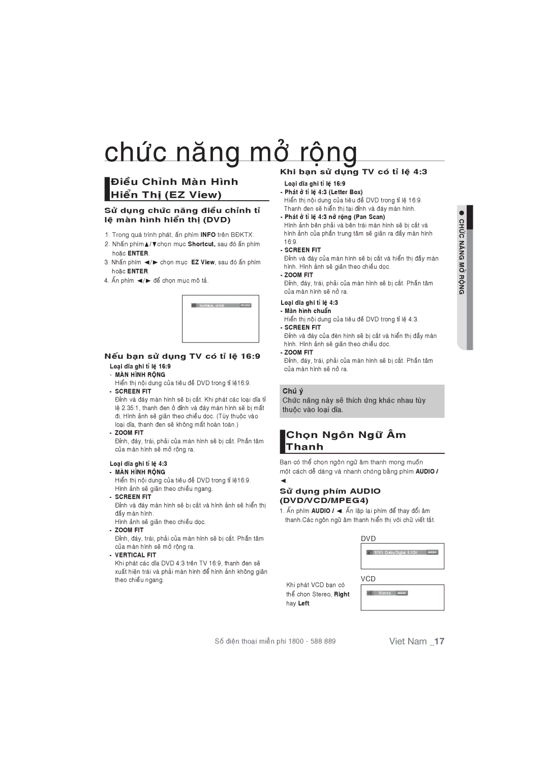 Samsung DVD-P191/XSV manual Chöùc naêng môû roäng, Ñieàu Chænh Maøn Hình Hieån Thò EZ View, Choïn Ngoân Ngöõ AÂm Thanh 