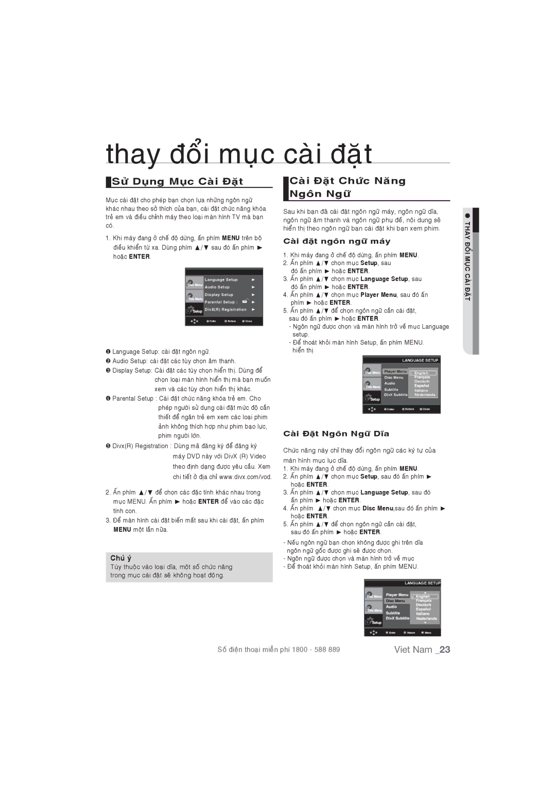 Samsung DVD-P191/XSV manual Thay ñoåi muïc caøi ñaët, Söû Duïng Muïc Caøi Ñaët, Caøi Ñaët Chöùc Naêng Ngoân Ngöõ 