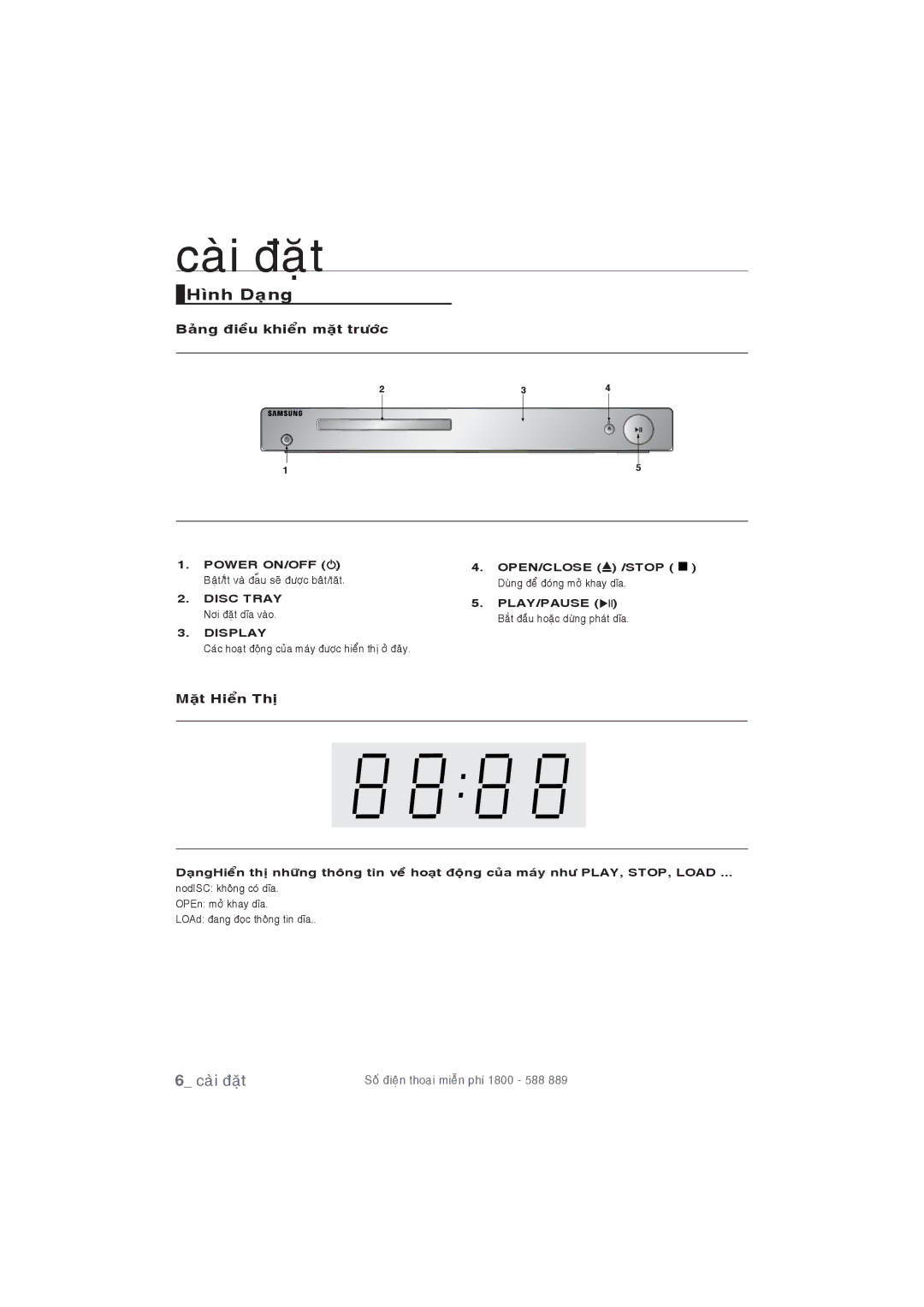 Samsung DVD-P191/XSV manual Hình Daïng, Baûng ñieàu khieån maët tröôùc, Maët Hieån Thò, Display 