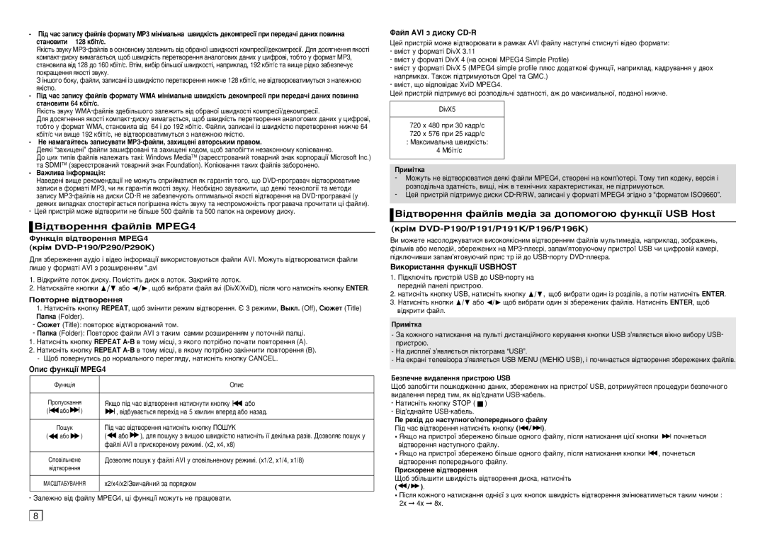 Samsung DVD-P196/ELD manual ¥‰Ú‚ÓÂÌÌﬂ Ù‡ÈÎ¥‚ MPEG4, ¥‰Ú‚ÓÂÌÌﬂ Ù‡ÈÎ¥‚ ÏÂ‰¥‡ Á‡ ‰ÓÔÓÏÓ„Ó˛ ÙÛÌÍˆ¥ª USB Host 