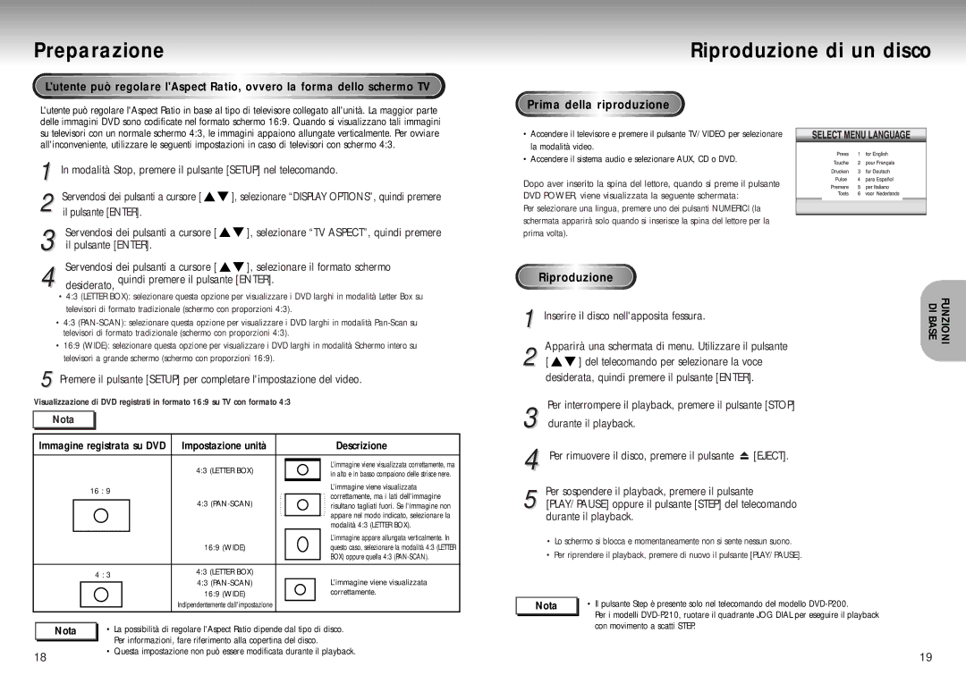 Samsung DVD-P200/XET manual Preparazione, Riproduzione di un disco 