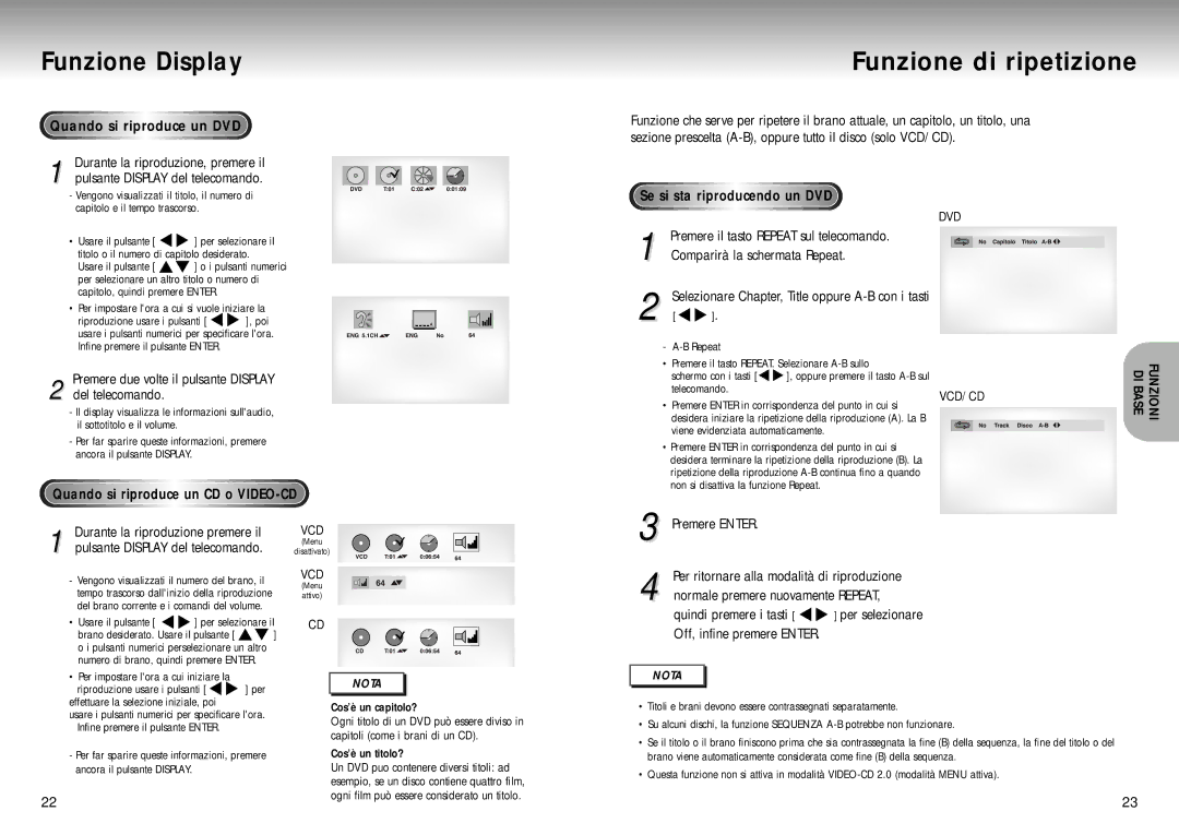 Samsung DVD-P200 Funzione Display, Funzione di ripetizione, Quando si riproduce un DVD, Se si sta riproducendo un DVD 