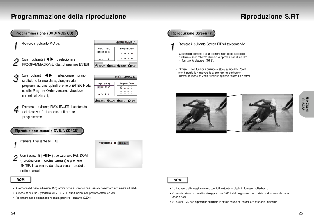 Samsung DVD-P200/XET manual Programmazione della riproduzione, Riproduzione S.FIT, Programmazione DVD/VCD/CD 