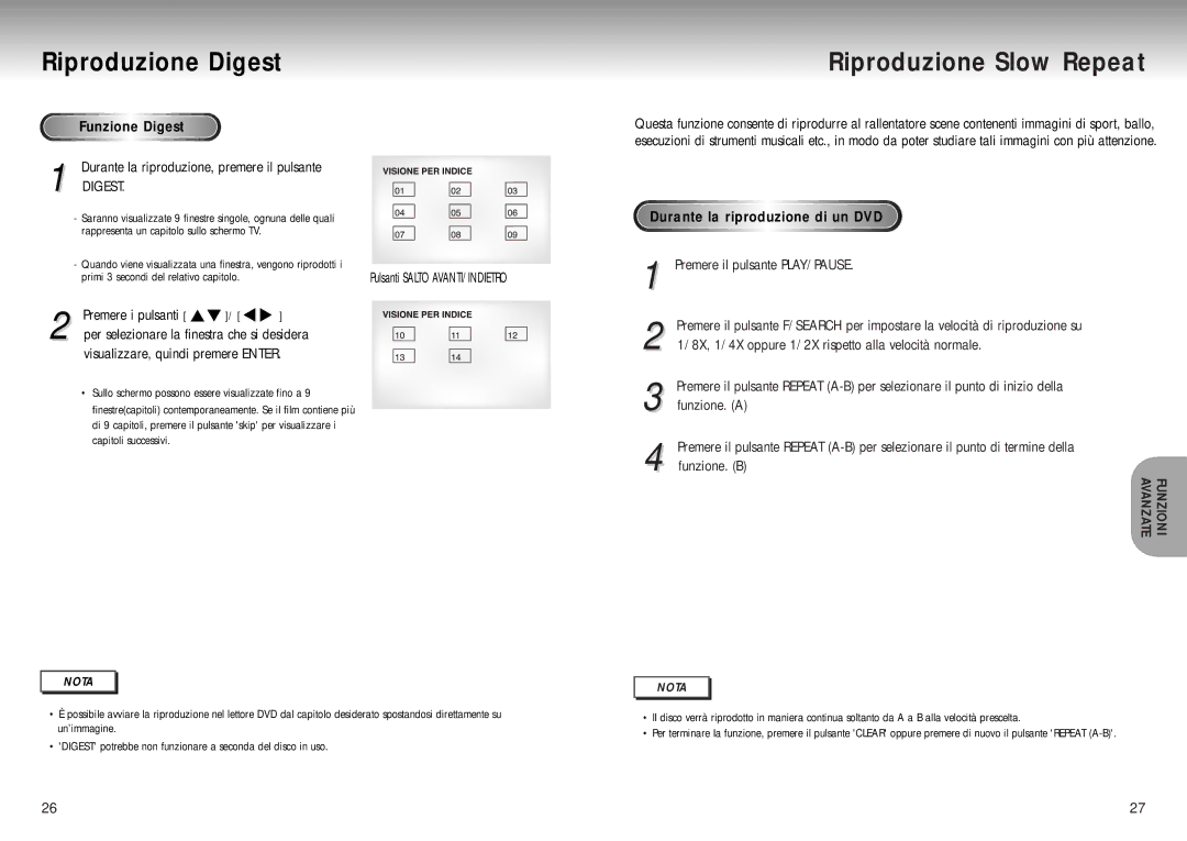 Samsung DVD-P200/XET manual Riproduzione Digest, Riproduzione Slow Repeat, Durante la riproduzione di un DVD 