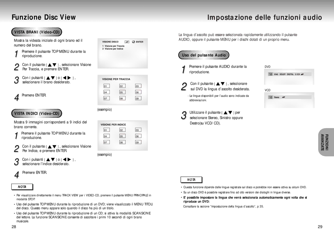 Samsung DVD-P200/XET manual Funzione Disc View, Impostazione delle funzioni audio, Vista Bran I Video-CD 