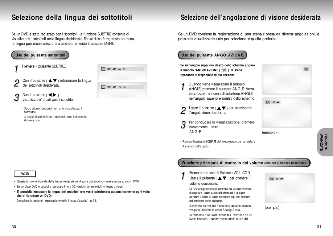 Samsung DVD-P200 Selezione della lingua dei sottotitoli, Uso del pulsante sottotitoli, Uso del pulsante Angolazione, Angle 