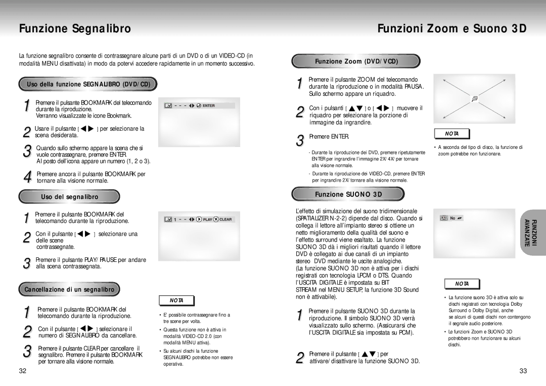 Samsung DVD-P200/XET manual Funzione Segnalibro, Funzioni Zoom e Suono 3D 