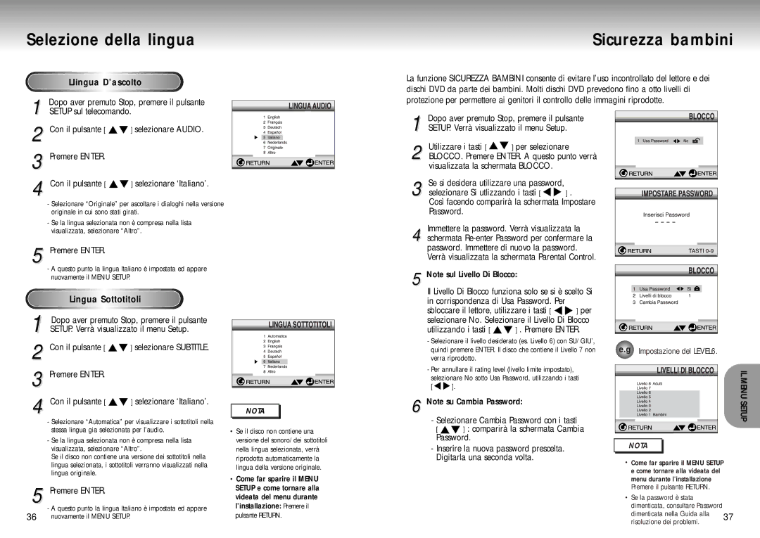 Samsung DVD-P200/XET manual Sicurezza bambini, LIingua D’ascolto, Lingua Sottotitoli 