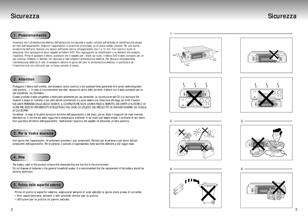 Samsung DVD-P200/XET manual Sicurezza, Posizionamento, Per la Vostra sicurezza, Pile, Pulizia delle superfici esterne 