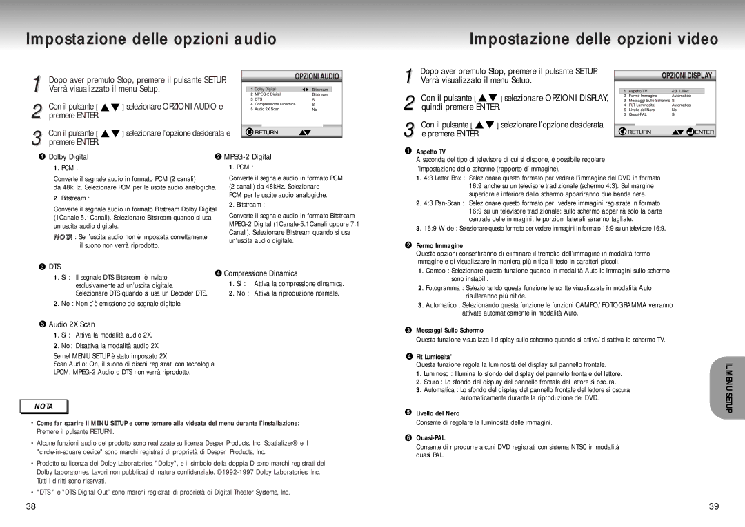 Samsung DVD-P200 Impostazione delle opzioni audio, Impostazione delle opzioni video, Verrà visualizzato il menu Setup, Dts 