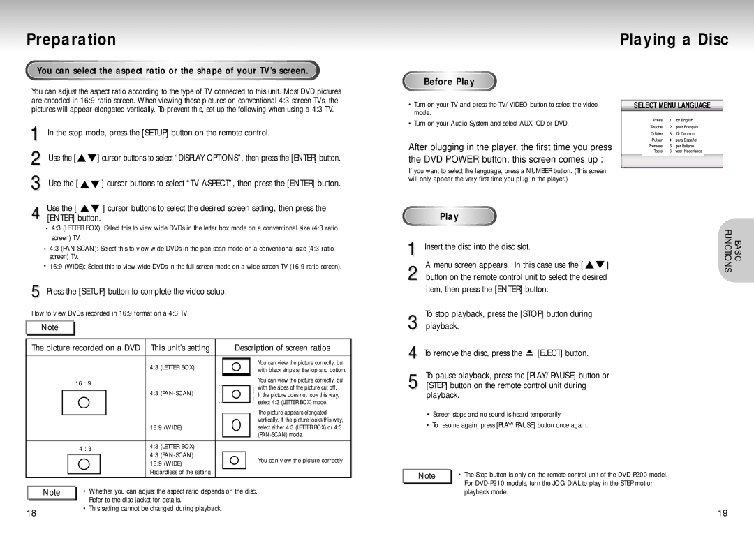 Samsung DVD-P210/EUR manual Preparation, Playing a Disc 