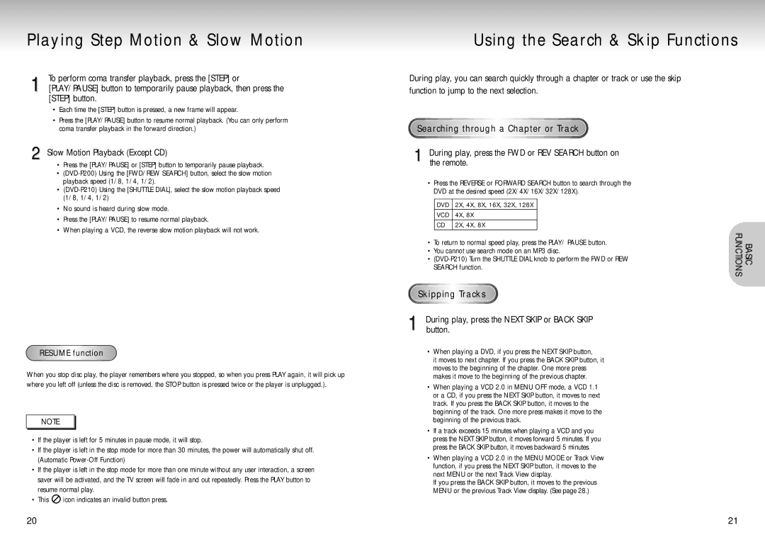 Samsung DVD-P210/EUR Playing Step Motion & Slow Motion, Using the Search & Skip Functions, Slow Motion Playback Except CD 