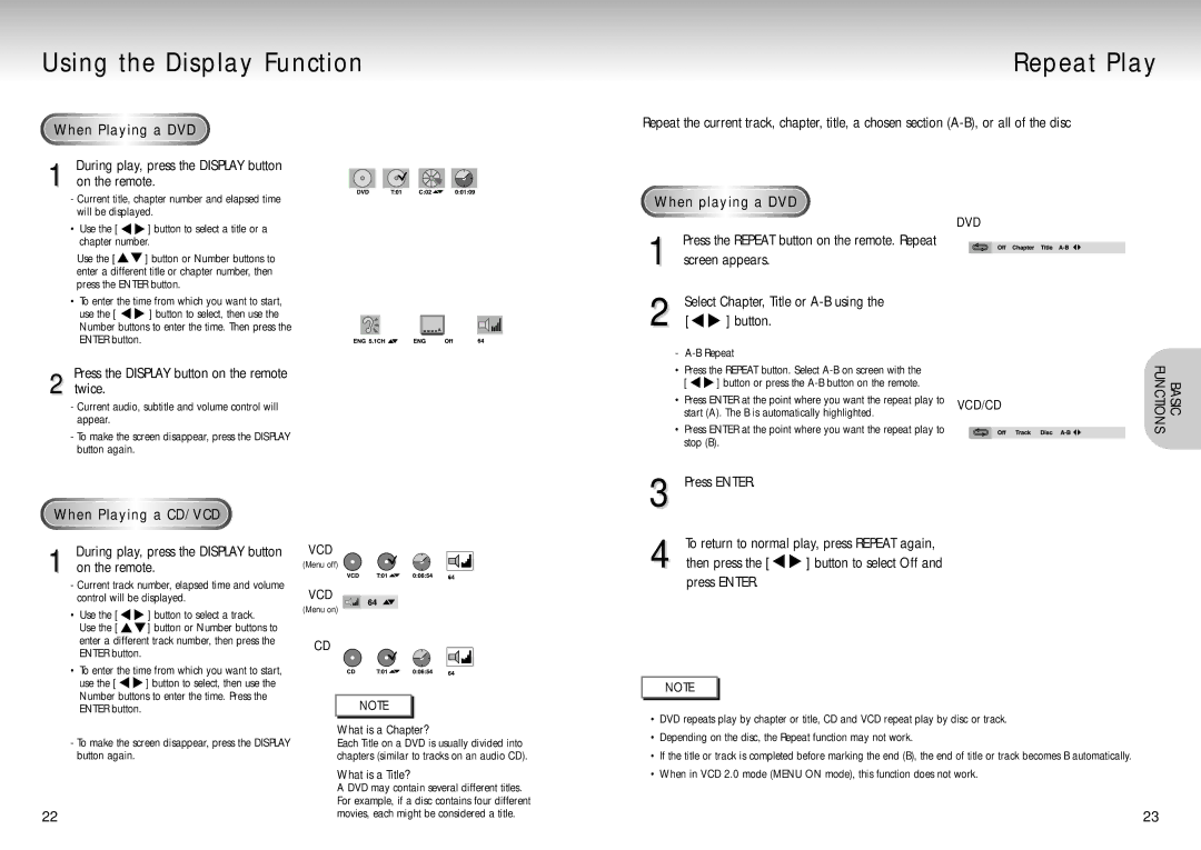 Samsung DVD-P210/EUR manual Using the Display Function, Repeat Play, When Playing a DVD 