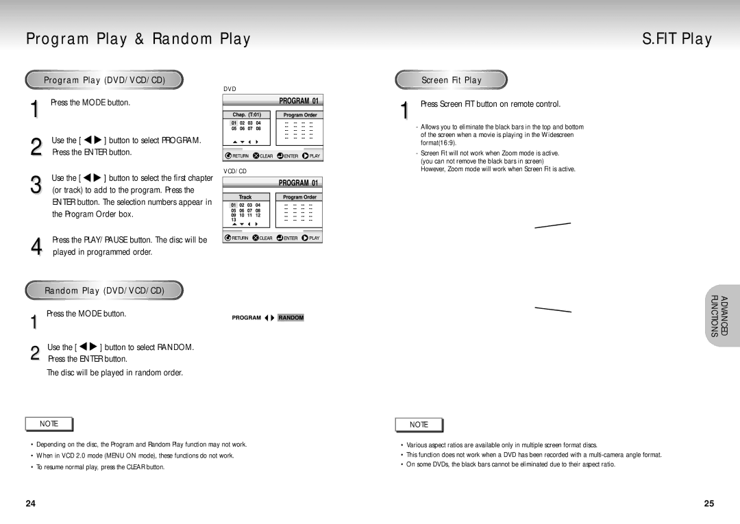 Samsung DVD-P210/EUR Program Play & Random Play FIT Play, Program Play DVD/VCD/CD, Screen Fit Play, Random Play DVD/VCD/CD 